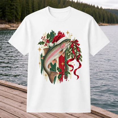 Christmas Santa Hat Rainbow Trout Fishing Graphic T-Shirt