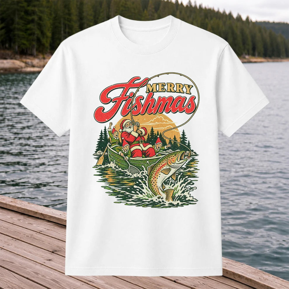 Merry Fishmas Santa and Elves Trout Fishing Christmas T-Shirt