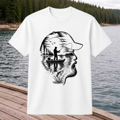 Bearded Angler Silhouette with Lake Fishing Scene Graphic T-Shirt