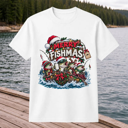 Merry Fishmas Christmas Bass in a Fishing Boat Graphic T-Shirt