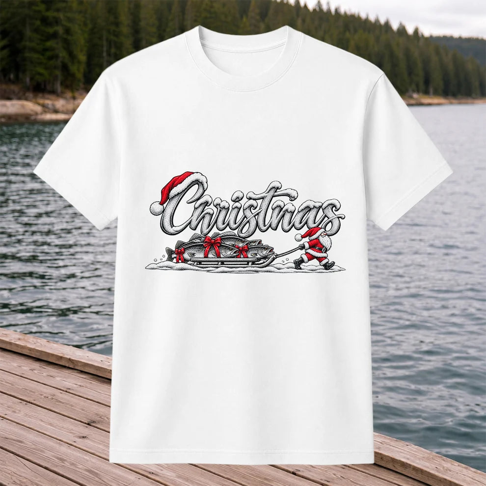 Christmas Santa Pulling Trout Fishing Sled Graphic T-Shirt