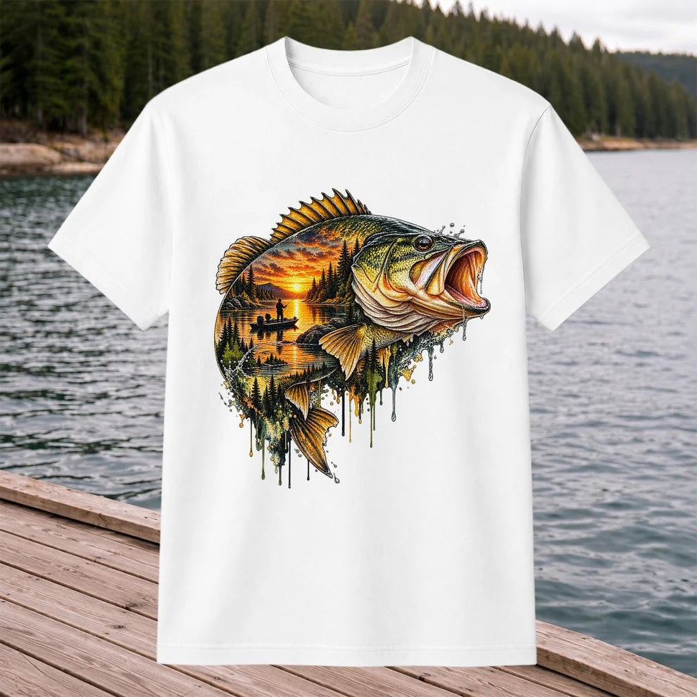 Largemouth Bass Sunset Lake Landscape Fishing Graphic T-Shirt