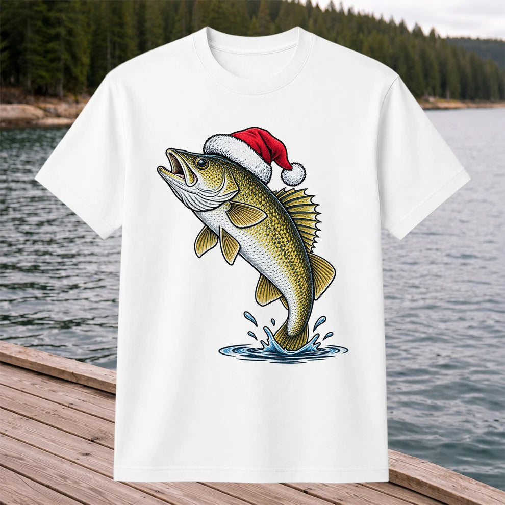 Santa Hat Walleye Christmas Fishing Graphic T-Shirt