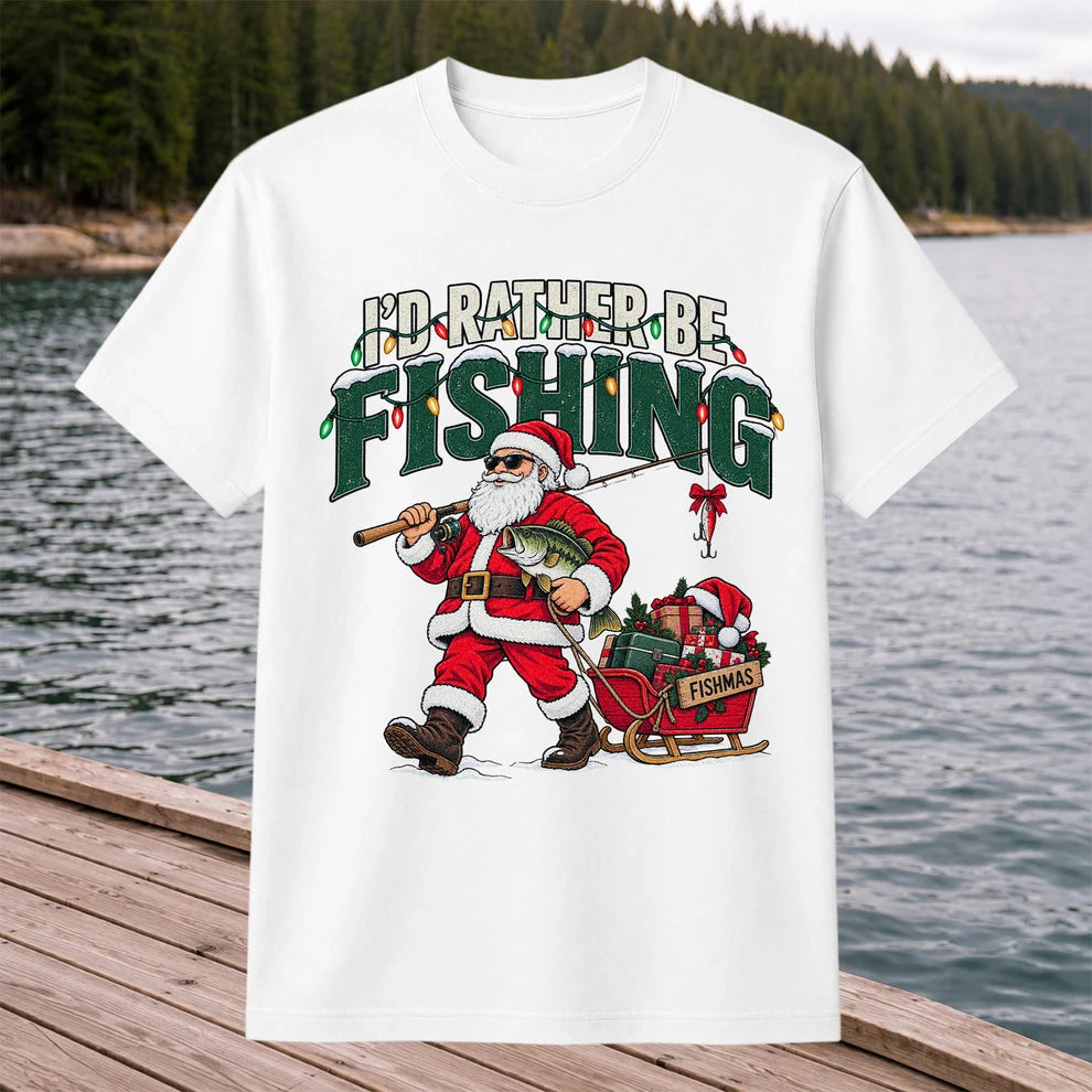Santa Fishing with Bass Christmas Graphic T-Shirt