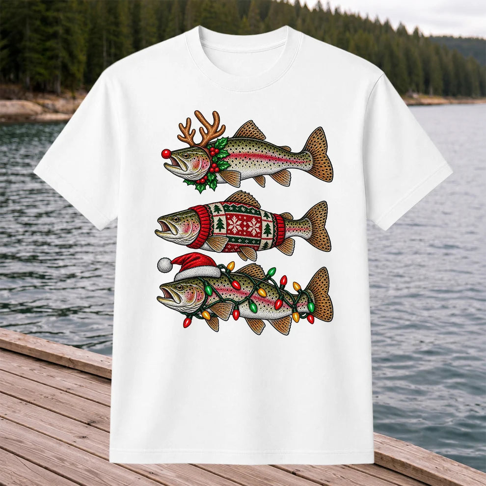 Christmas Trout Antlers Sweater and Lights Fishing T-Shirt