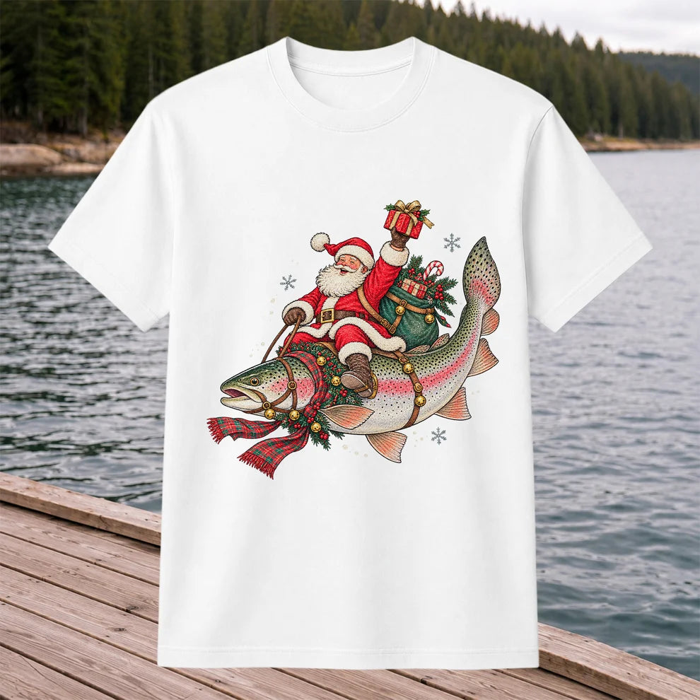 Santa Riding a Festive Rainbow Trout Christmas Fishing Graphic T-Shirt