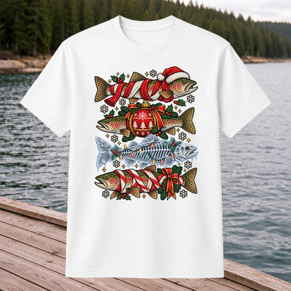 Christmas Rainbow Trout and Fish Skeleton Fishing Graphic T-Shirt