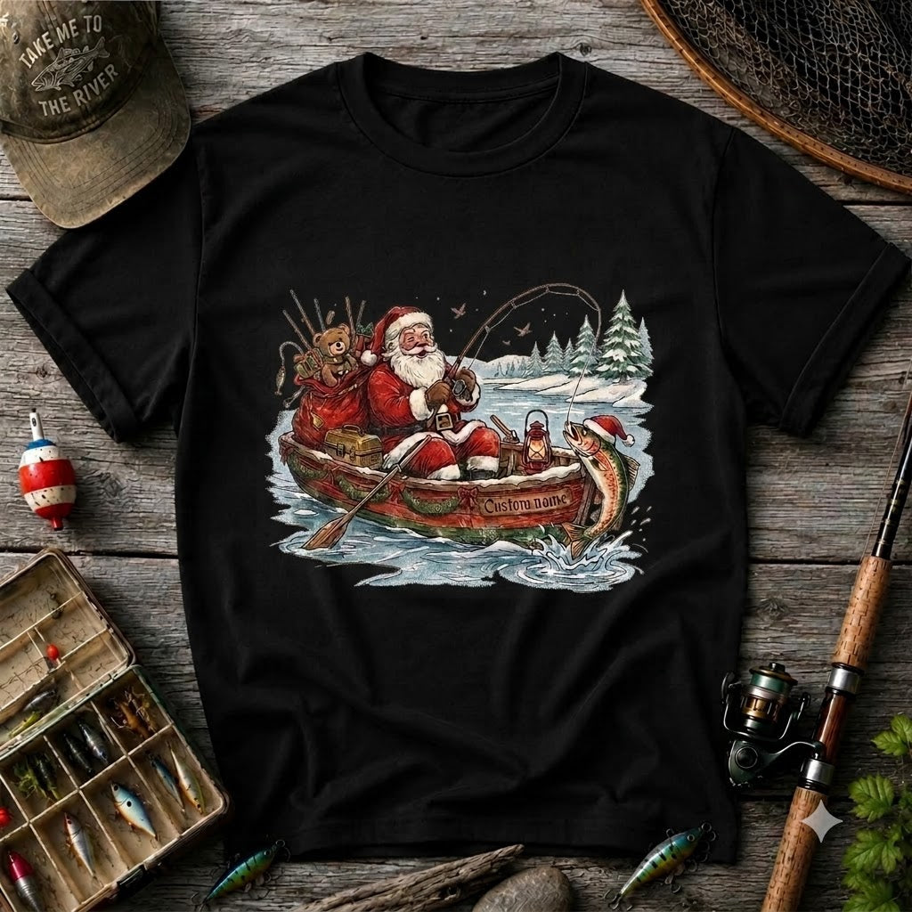 Personalized Christmas Fishing Shirt, Santa Fishing T-Shirt, Funny Fisherman Christmas Gift for Dad