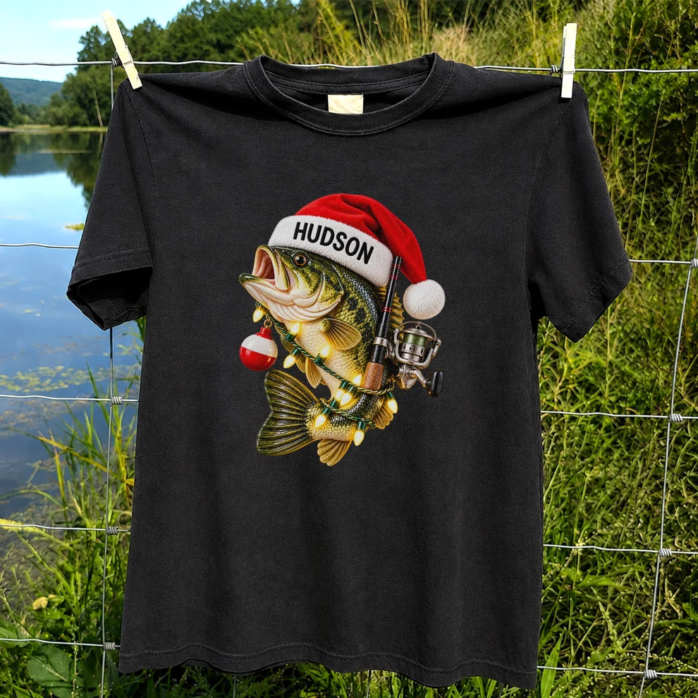 Hudson Santa Hat Bass Christmas Fishing Graphic T-Shirt