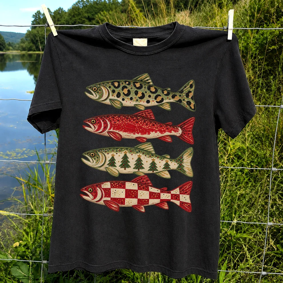 Four Seasonal Trout Patterns Christmas Fishing Graphic T-Shirt