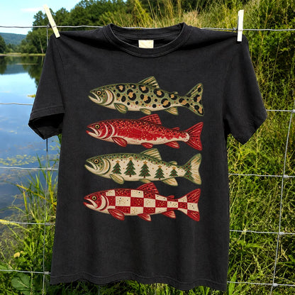 Four Seasonal Trout Patterns Christmas Fishing Graphic T-Shirt