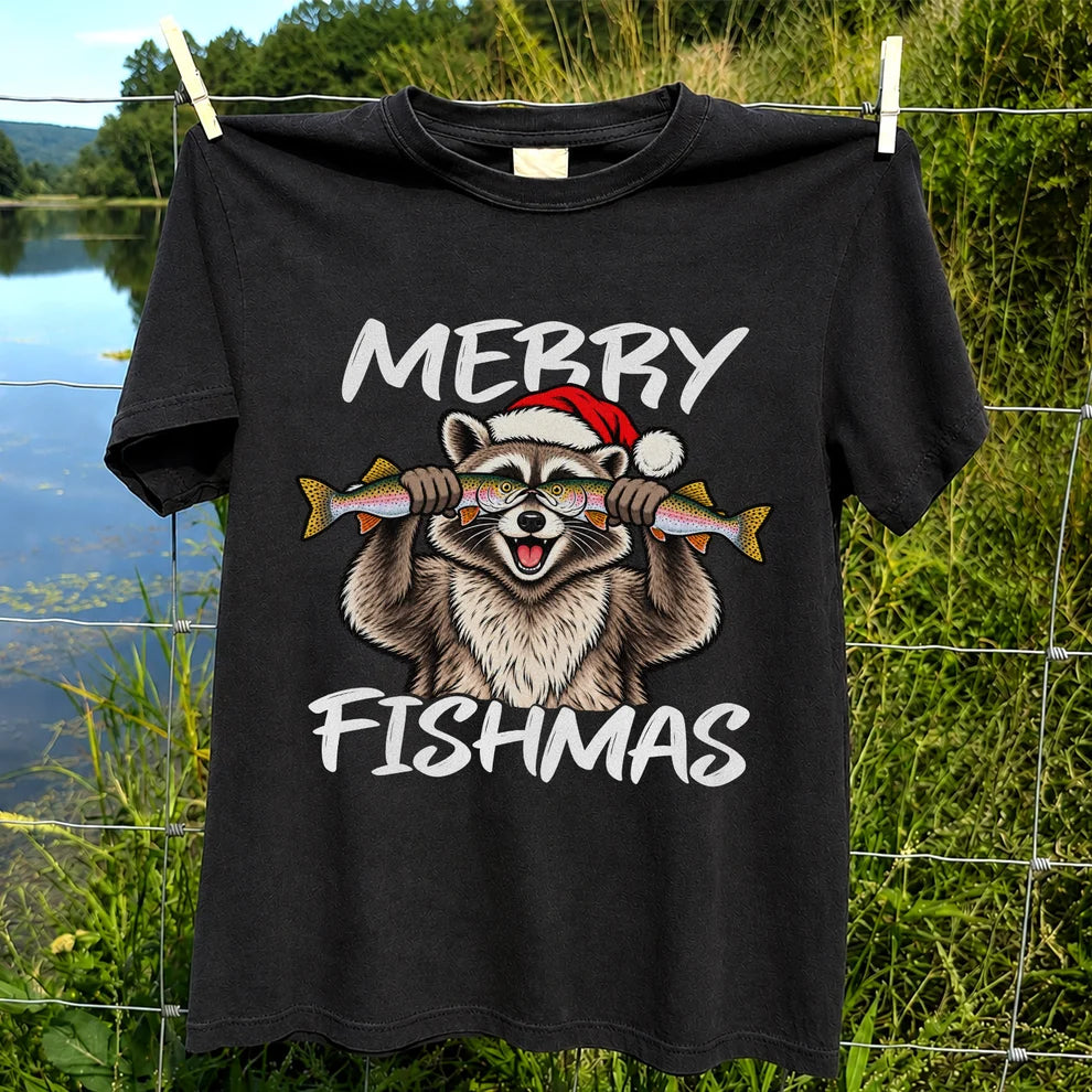 Merry Fishmas Raccoon Rainbow Trout Christmas Fishing T-Shirt