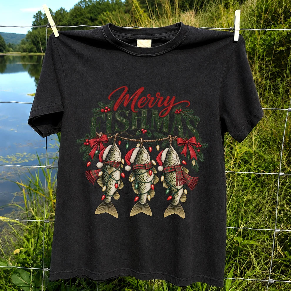 Merry Fishmas Christmas Trout Fishing Graphic T-Shirt
