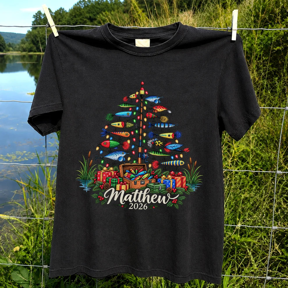 Personalized Christmas Fishing Lure Tree Name Graphic T-Shirt