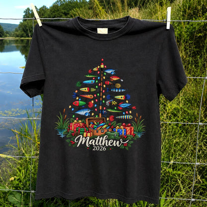 Personalized Christmas Fishing Lure Tree Name Graphic T-Shirt