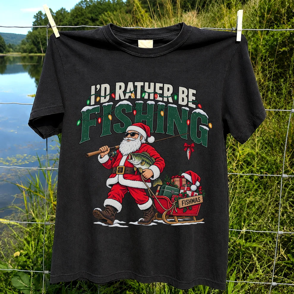 Santa Fishing with Bass Christmas Graphic T-Shirt