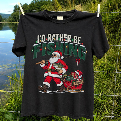 Santa Fishing with Bass Christmas Graphic T-Shirt