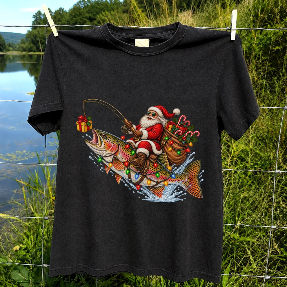 Santa Riding a Rainbow Trout Christmas Fishing Graphic T-Shirt