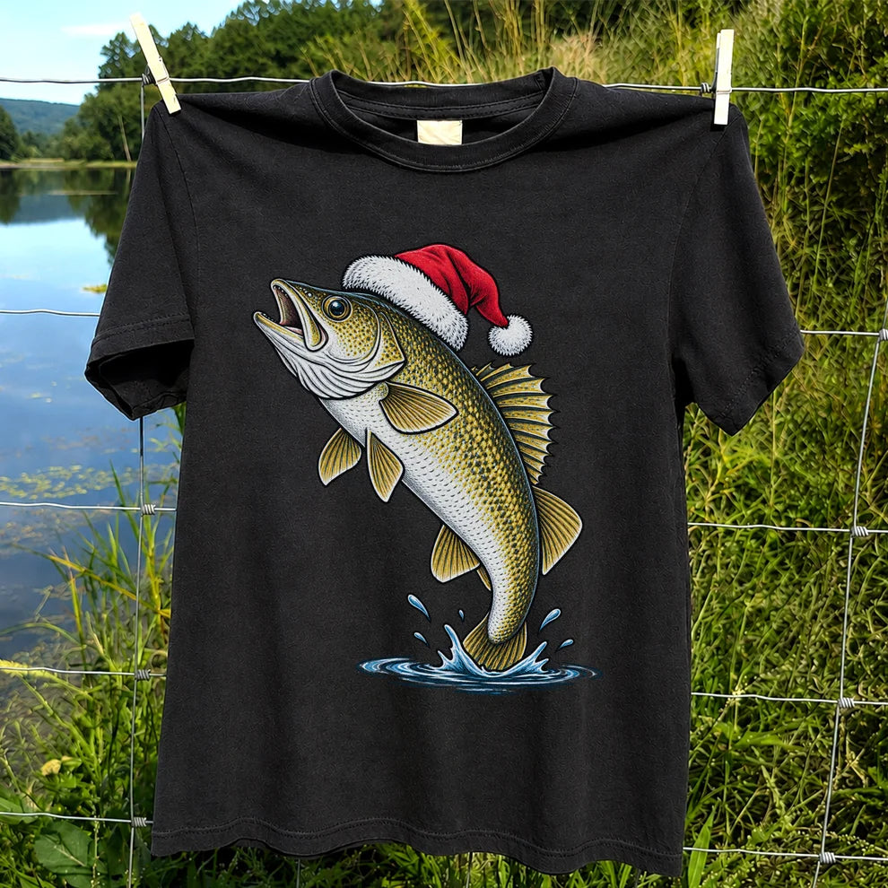 Santa Hat Walleye Christmas Fishing Graphic T-Shirt