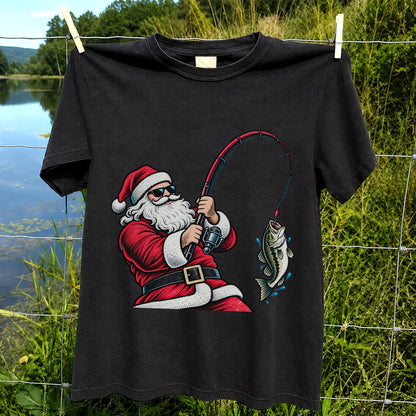 Santa Claus Catching a Bass Christmas Fishing Graphic T-Shirt