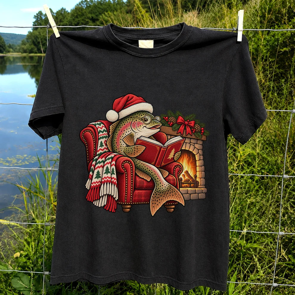 Christmas Trout Reading by the Fireplace Fishing T-Shirt