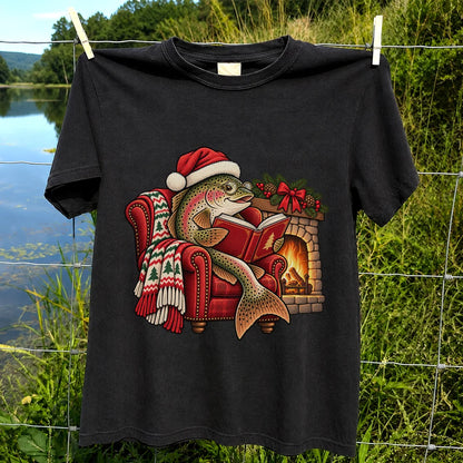 Christmas Trout Reading by the Fireplace Fishing T-Shirt
