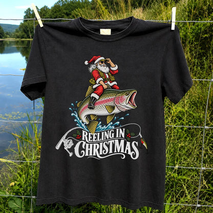 Reeling in Christmas Santa Rainbow Trout Fishing T-Shirt