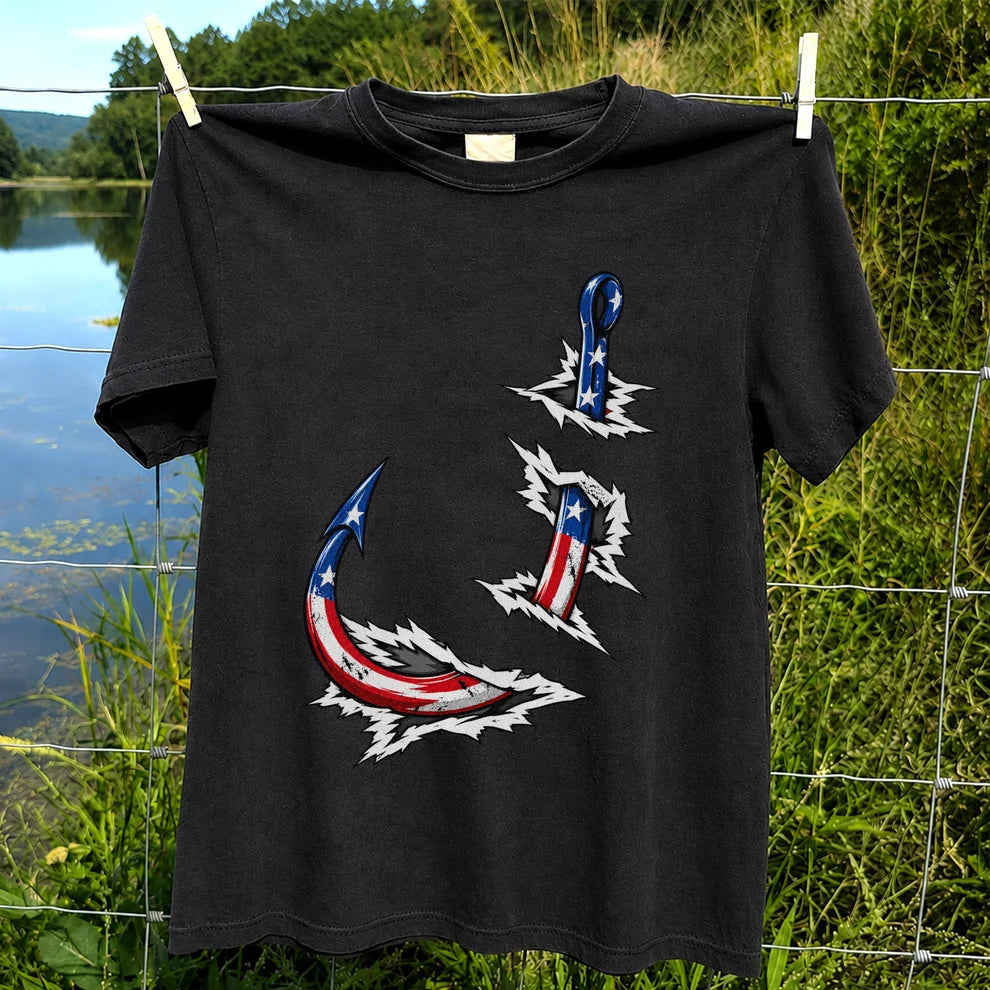 Patriotic American Flag Fishing Hooks Graphic T-Shirt