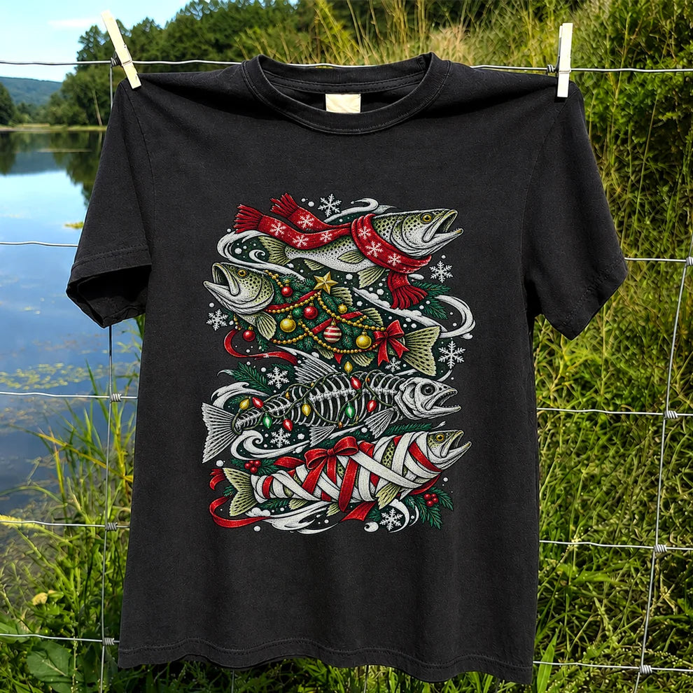 Christmas Trout and Fish Skeleton Holiday Fishing T-Shirt