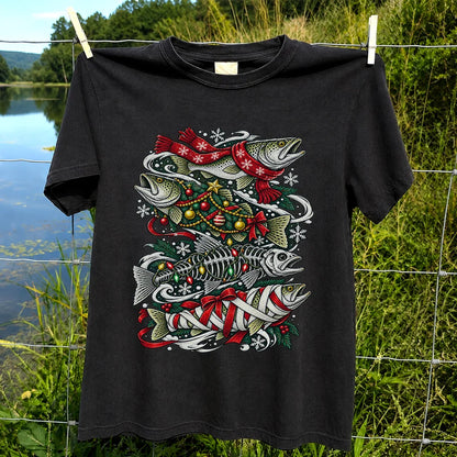 Christmas Trout and Fish Skeleton Holiday Fishing T-Shirt