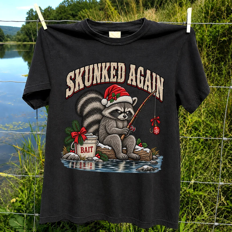 Skunked Again Raccoon Christmas Funny Fishing T-Shirt