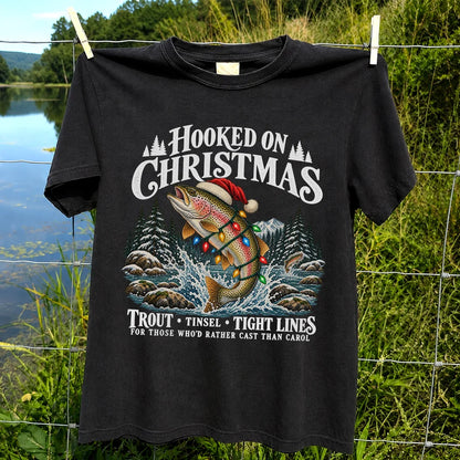 Hooked on Christmas Rainbow Trout Fishing Graphic T-Shirt
