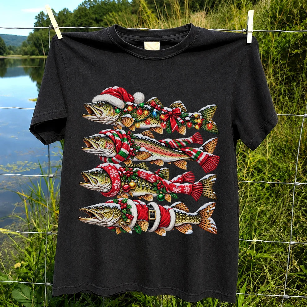Christmas Trout Fishing Holiday Graphic T-Shirt