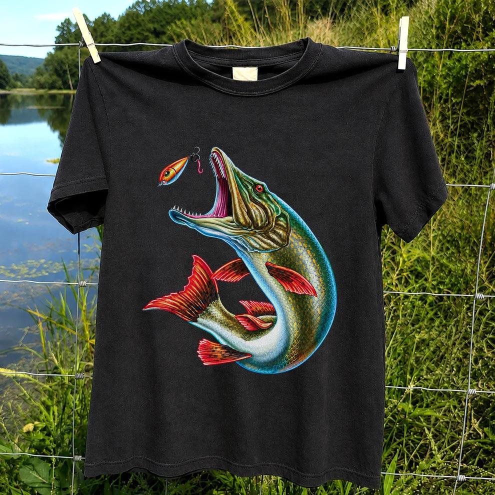 Northern Pike Chasing Fishing Lure Graphic T-Shirt