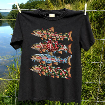 Christmas Rainbow Trout with Holiday Lights Fishing Graphic T-Shirt