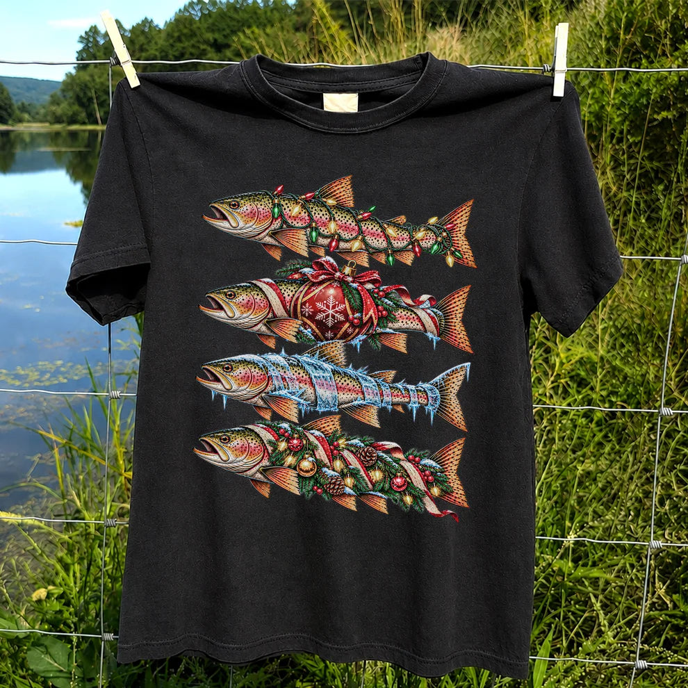 Christmas Rainbow Trout with Holiday Lights Fishing Graphic T-Shirt