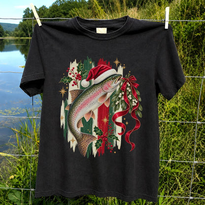 Christmas Santa Hat Rainbow Trout Fishing Graphic T-Shirt