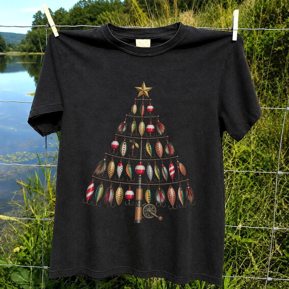 Fishing Lure Christmas Tree with Rod and Reel Graphic T-Shirt