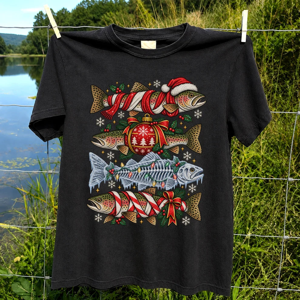 Christmas Rainbow Trout and Fish Skeleton Fishing Graphic T-Shirt