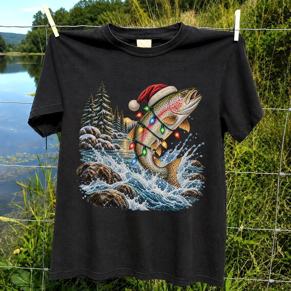 Santa Hat Rainbow Trout Christmas Fishing Graphic T-Shirt