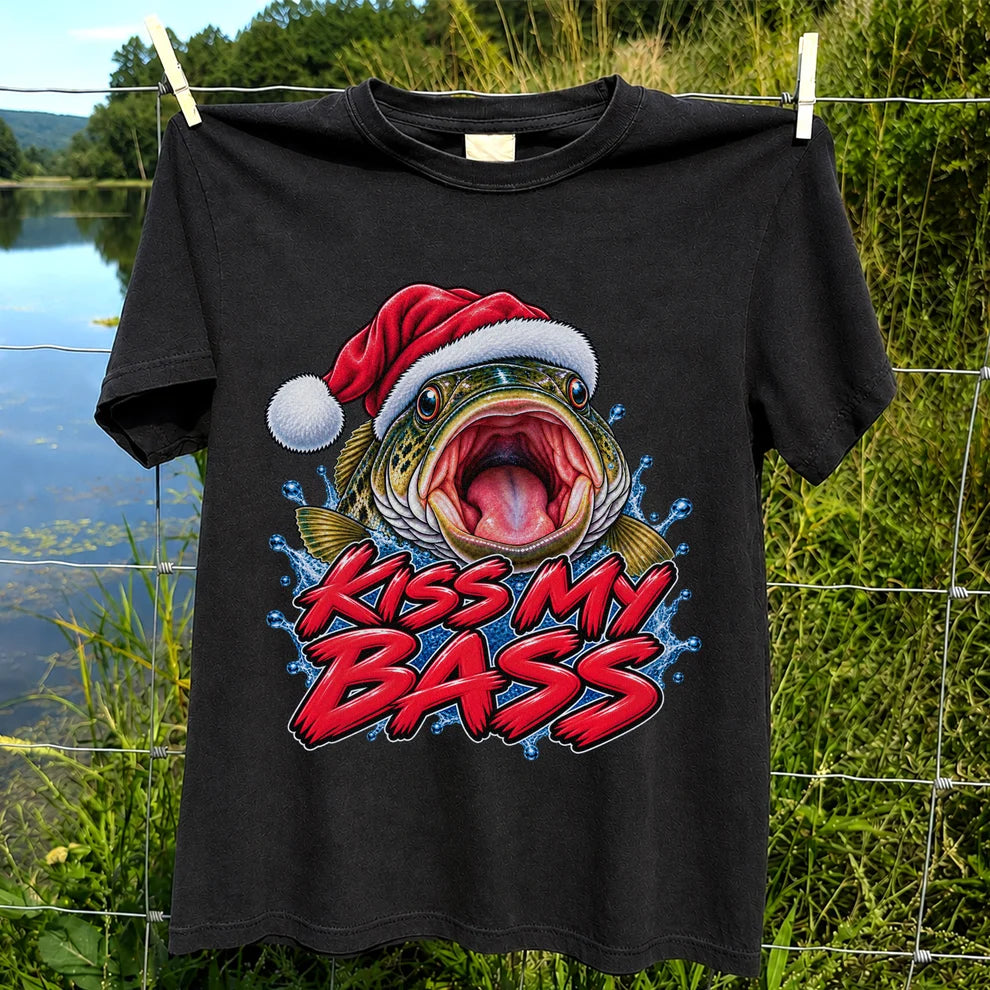 Kiss My Bass Santa Hat Funny Christmas Fishing T-Shirt