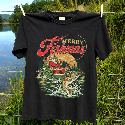 Merry Fishmas Santa and Elves Trout Fishing Christmas T-Shirt