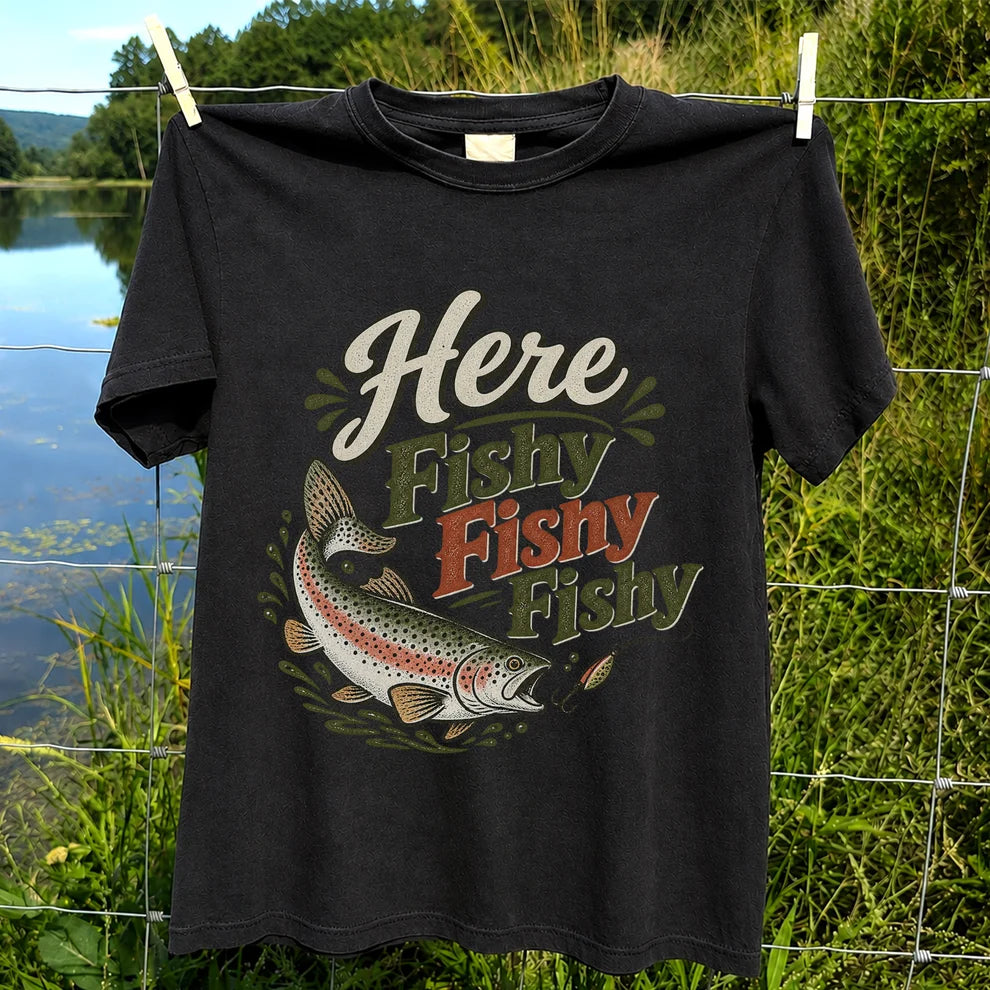 Here Fishy Fishy Rainbow Trout Fishing T-Shirt