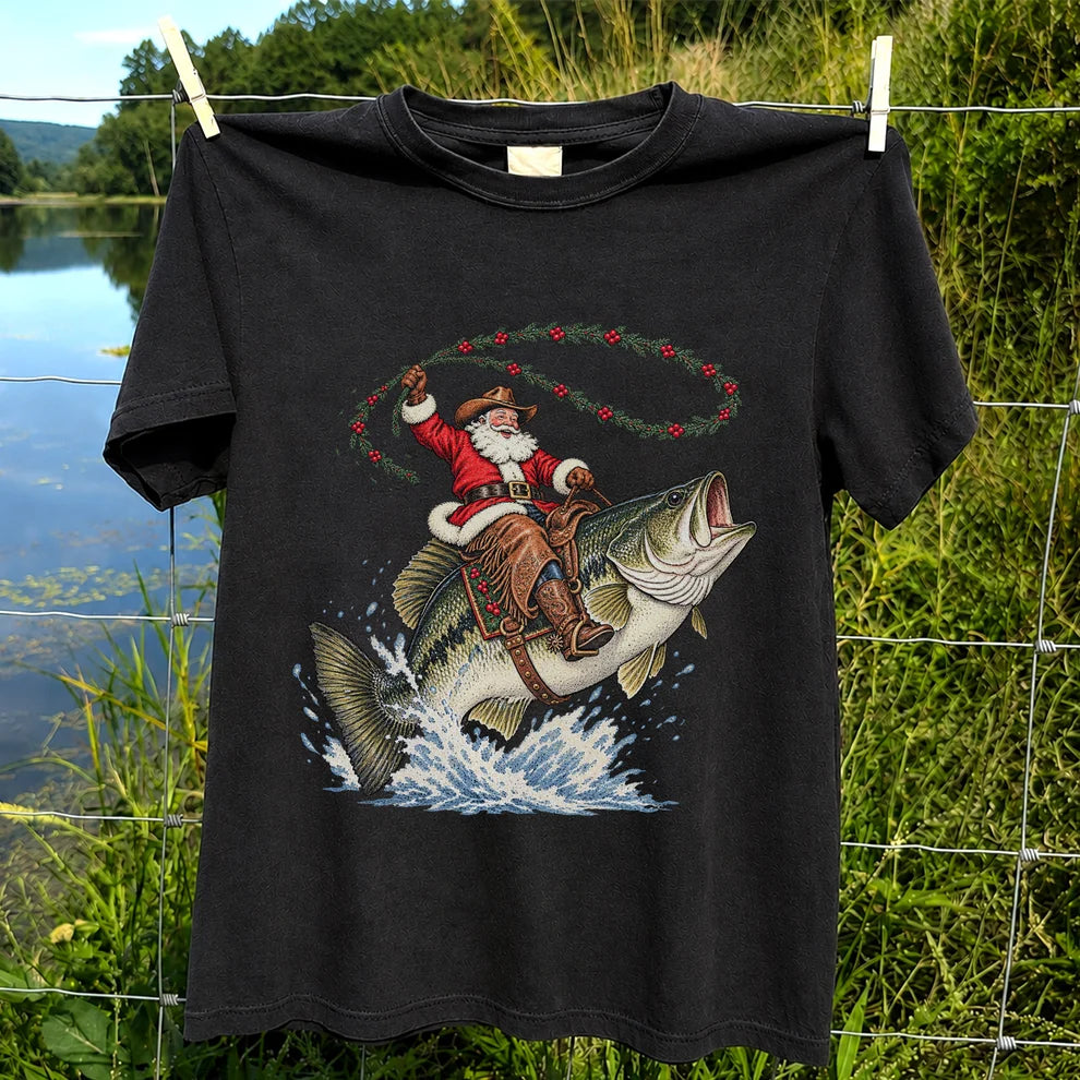 Cowboy Santa Riding a Jumping Bass Christmas Fishing Graphic T-Shirt