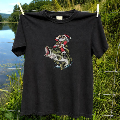 Santa Riding Largemouth Bass Christmas Fishing Graphic T-Shirt