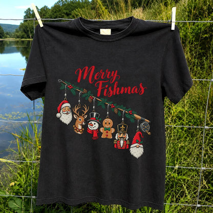 Christmas Fishing Rod Ornaments Holiday Graphic T-Shirt