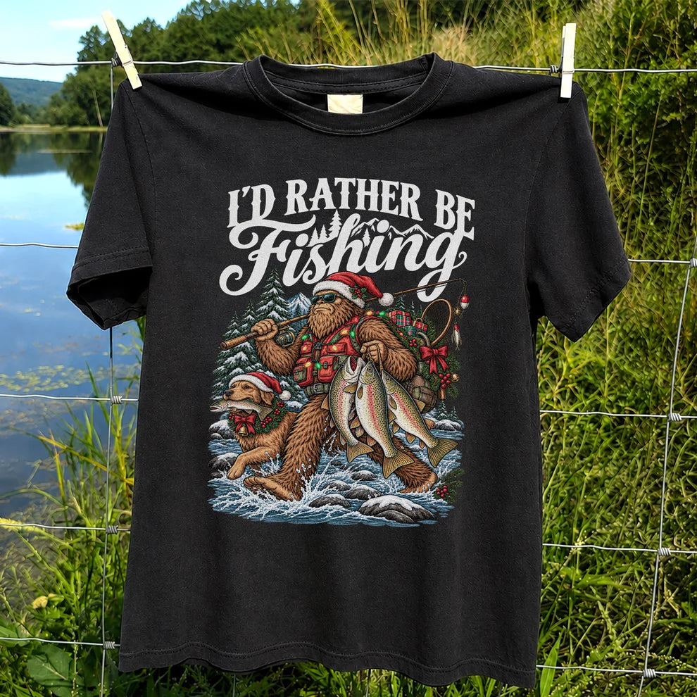 I'd Rather Be Fishing Bigfoot and Dog Christmas Fishing T-Shirt