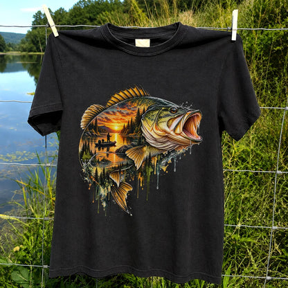 Largemouth Bass Sunset Lake Landscape Fishing Graphic T-Shirt