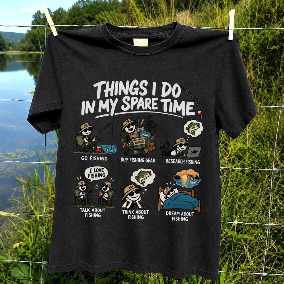 Things I Do in My Spare Time Funny Cartoon Angler Fishing T-Shirt