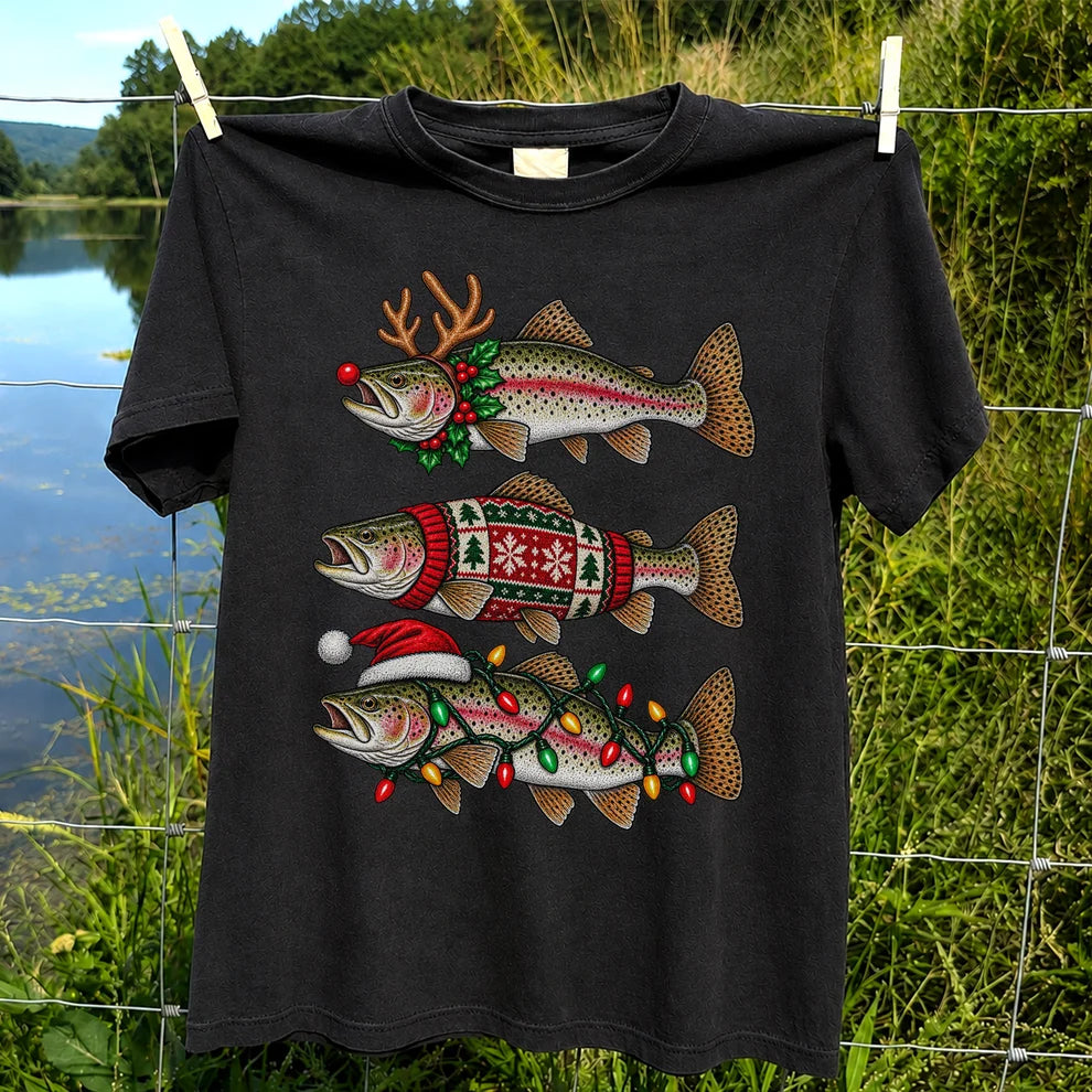 Christmas Trout Antlers Sweater and Lights Fishing T-Shirt